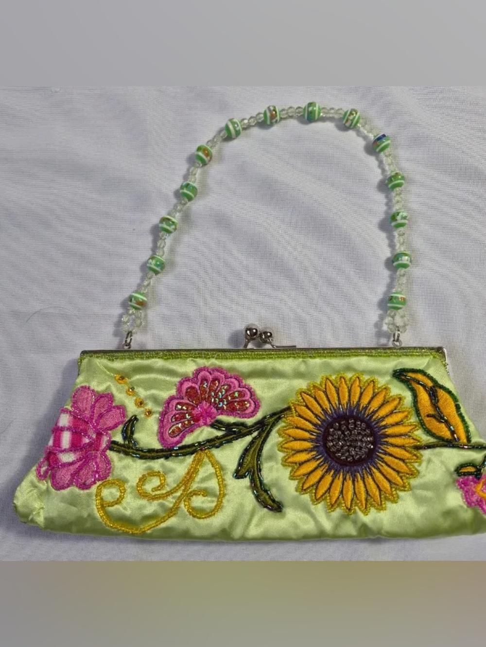 READ! Vintage 90s Lime Green Satin Floral Embroidery Beaded Kiss-Lock Handbag